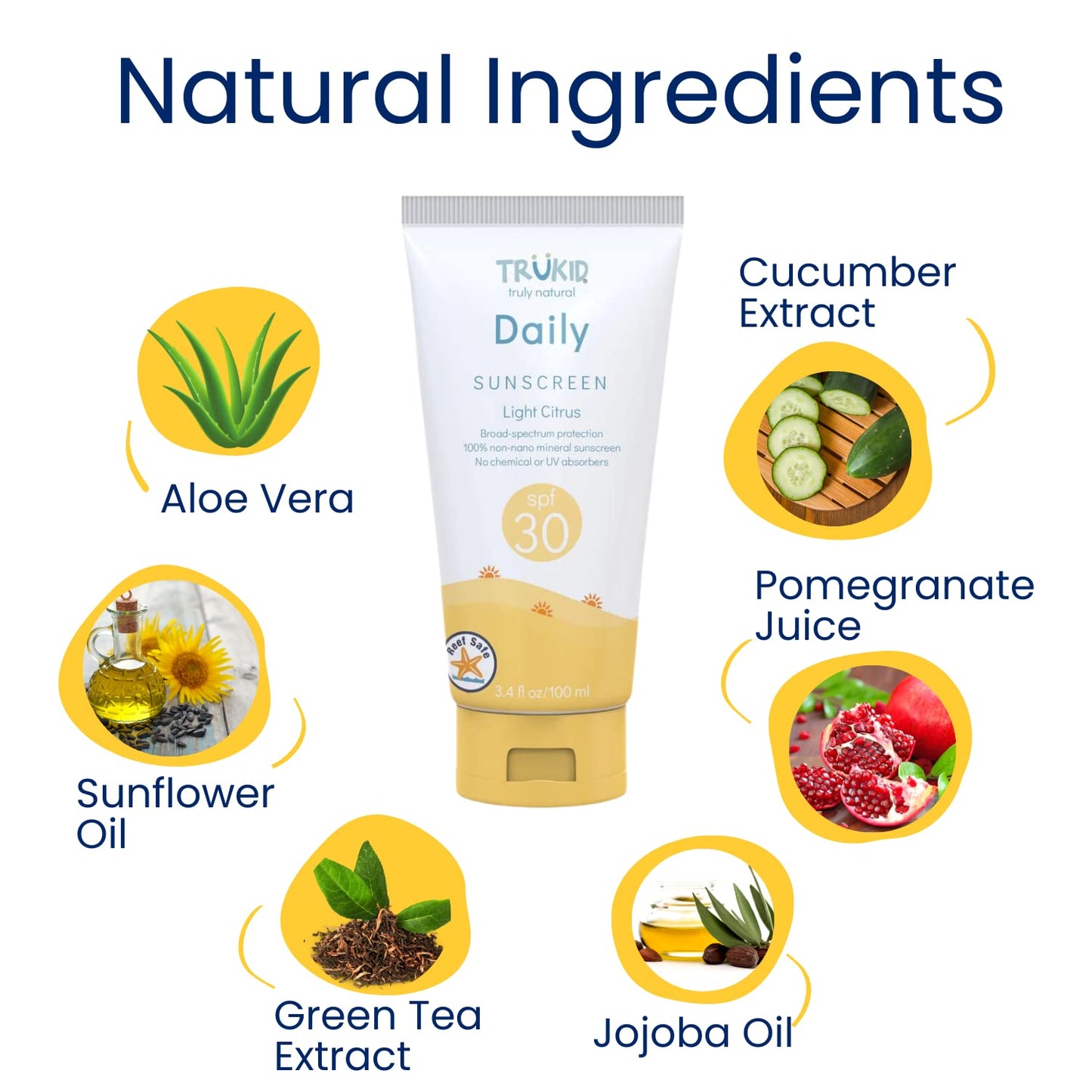 Daily SPF30 Citrus 3.4Oz Natural Ingredients Kids Sunscreen, Reef-Friendly Travel Size Sun Screen, Beach Defense Sunscreen for Kids, Toddlers, Babies & Adults