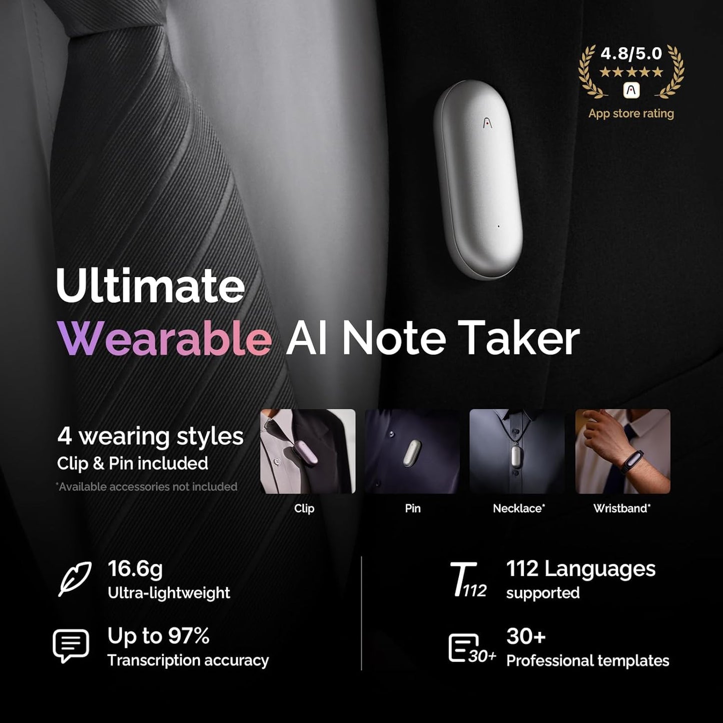 AI Voice Recorder, Notepin Voice Recorder, App Control, AI Notetaker, AI Transcribe & Summarize, Support 112 Languages, 64GB Memory, Audio Recorder for Lectures, Meetings, Lunar Silver