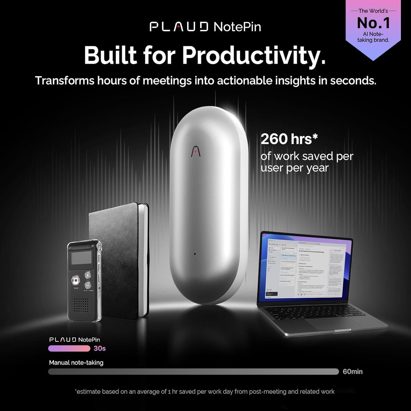 AI Voice Recorder, Notepin Voice Recorder, App Control, AI Notetaker, AI Transcribe & Summarize, Support 112 Languages, 64GB Memory, Audio Recorder for Lectures, Meetings, Lunar Silver