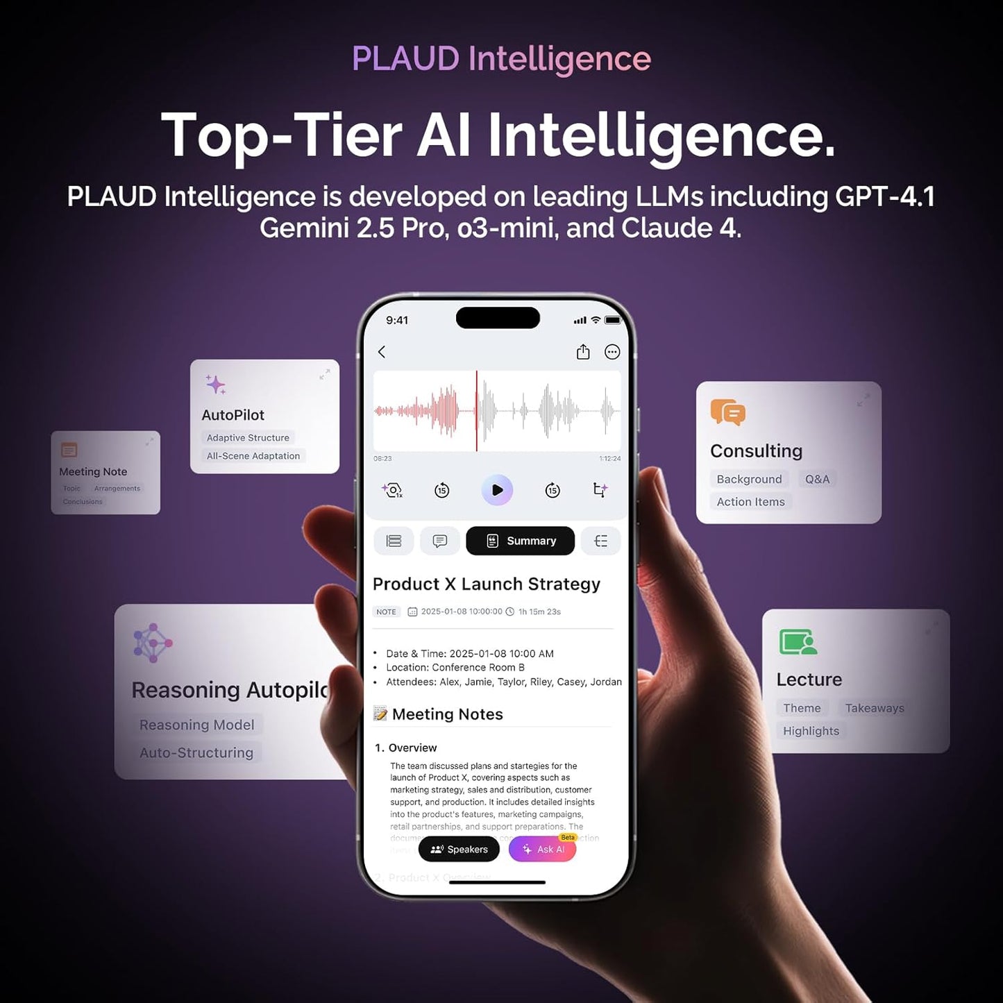 AI Voice Recorder, Notepin Voice Recorder, App Control, AI Notetaker, AI Transcribe & Summarize, Support 112 Languages, 64GB Memory, Audio Recorder for Lectures, Meetings, Lunar Silver