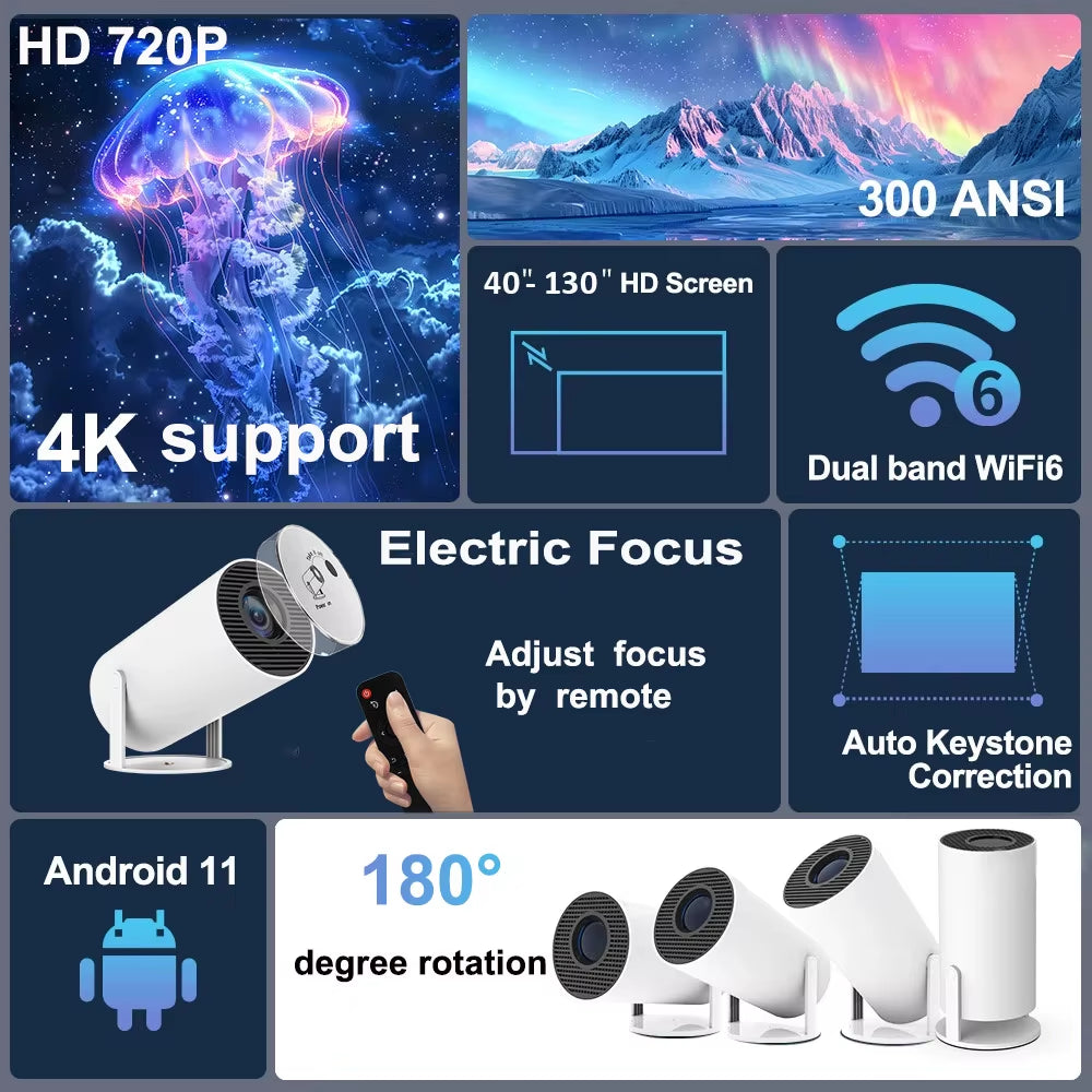 HY300 plus HD Projector Portatil 4K 1280X720P Android 11 Wifi6 LED Video Home Theater Cinema Mini Proyector Movie