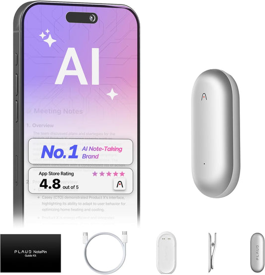 AI Voice Recorder,  Notepin Voice Recorder, App Control, AI Notetaker, AI Transcribe & Summarize, Support 112 Languages, 64GB Memory, Audio Recorder for Lectures, Meetings, Lunar Silver