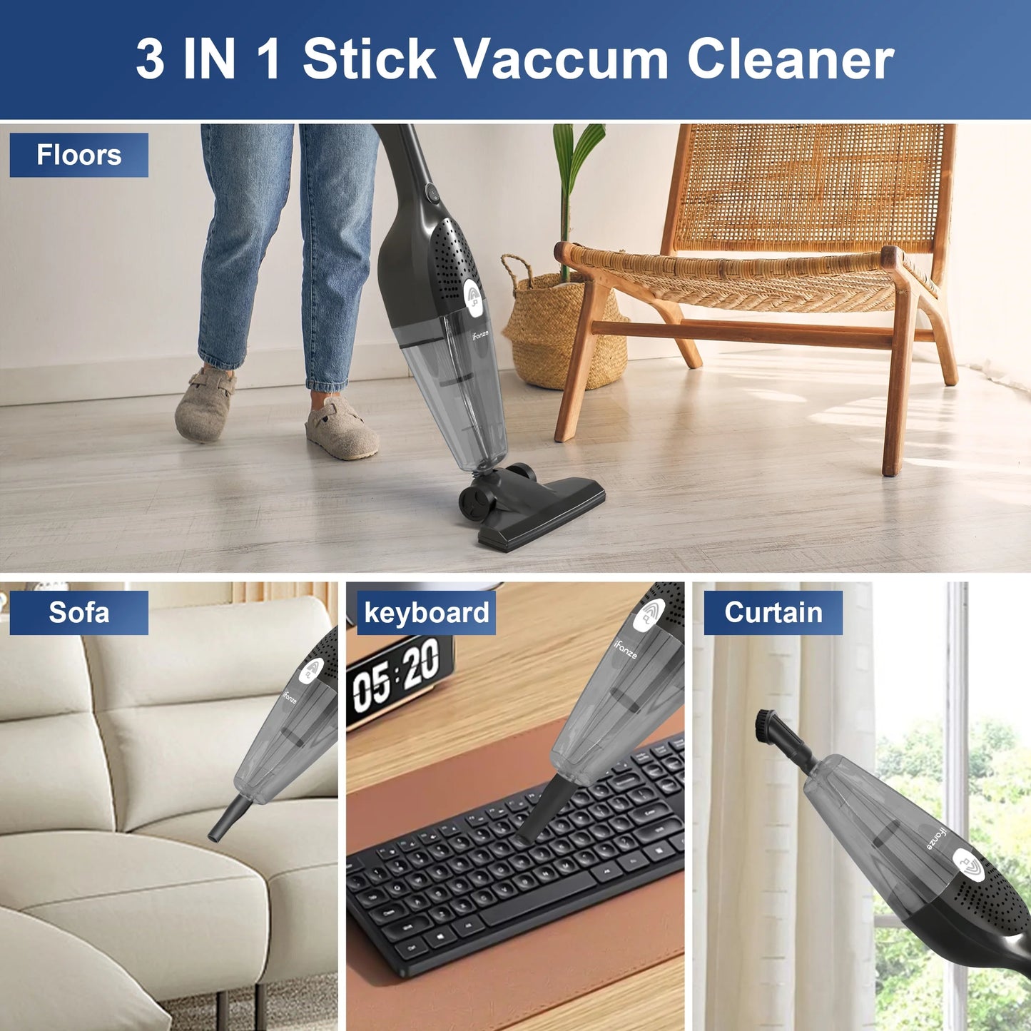 25Kpa Corded Stick Vacuum Cleaner with Powerful Suction, 3-In-1 Lightweight Handheld Vacuum Cleaner for Home Carpet Pet Hair, Black Grey, BR602