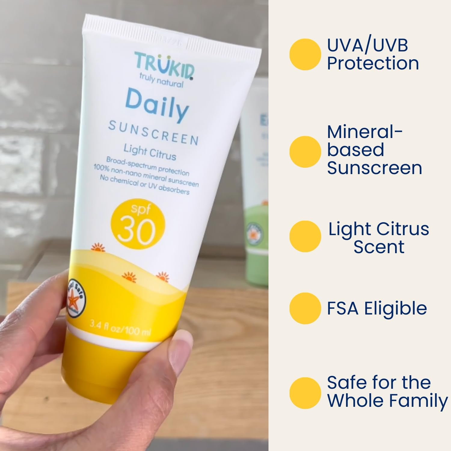 Daily SPF30 Citrus 3.4Oz Natural Ingredients Kids Sunscreen, Reef-Friendly Travel Size Sun Screen, Beach Defense Sunscreen for Kids, Toddlers, Babies & Adults