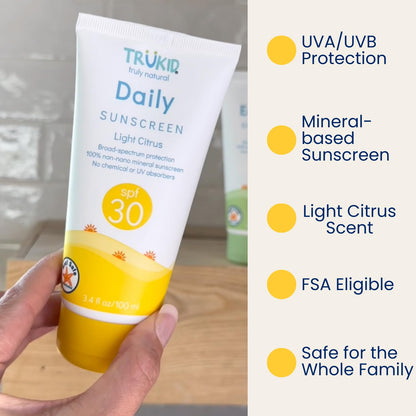 Daily SPF30 Citrus 3.4Oz Natural Ingredients Kids Sunscreen, Reef-Friendly Travel Size Sun Screen, Beach Defense Sunscreen for Kids, Toddlers, Babies & Adults